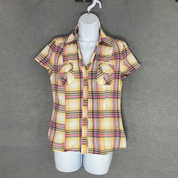 Wet Seal Top‎ Womens Sz M Plaid Button Up Short Sleeve Shirt Y2K Vtg Retro - Picture 1 of 9